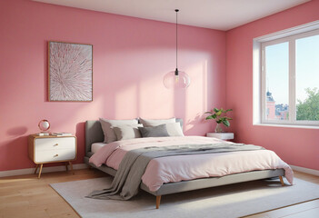 Illustration of modern bedroom with pink walls, created with 