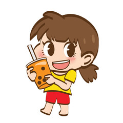 Girl hold bubble milk tea and smile. cute character cartoon outline vector.