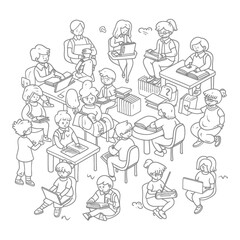 Outline illustration for positive learning situations in the classroom at school