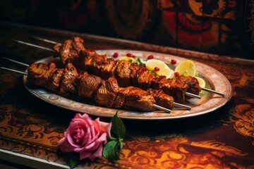 Juicy kebab on a metal tray against a floral wallpaper background
