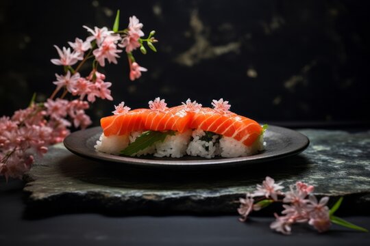 Tempting sushi on a slate plate against a floral wallpaper background
