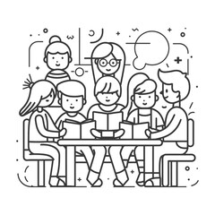 Outline illustration for positive learning situations in the classroom at school