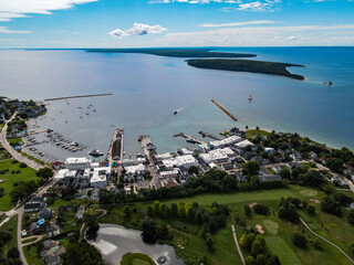 Mackinac Island Harbor, drone view with lighthouse