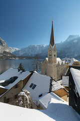winterliches Hallstatt, Evangelische Pfarrkirche, Hallstätter See, Salzkammergut, Oberösterreich,...