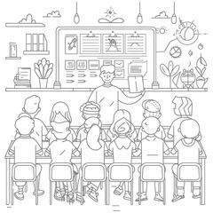 Outline illustration for positive learning situations in the classroom at school