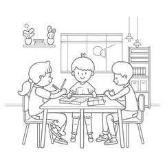 Outline illustration for positive learning situations in the classroom at school