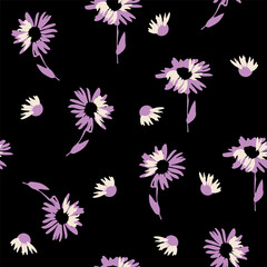 Hand-drawn seamless pattern with floral print. Contour silhouette of lilac and white daisies on black. Vector pattern for printing on fabric, gift wrapping, covers, wallpapers.