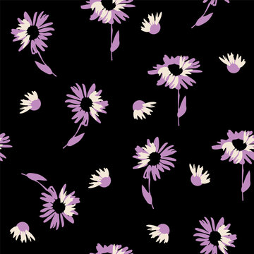 Hand-drawn seamless pattern with floral print. Contour silhouette of lilac and white daisies on black. Vector pattern for printing on fabric, gift wrapping, covers, wallpapers.