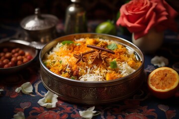 Exquisite biryani in a bento box against a floral wallpaper background