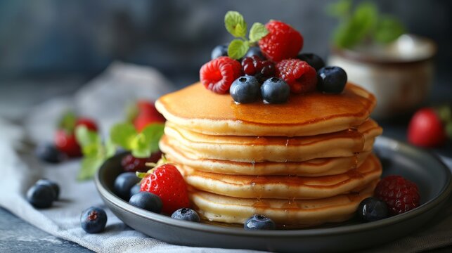 Pancakes with berries and honey syrup,background, banner,