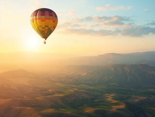 Majestic Hot Air Balloon Soaring Over Breathtaking Hills at Sunrise