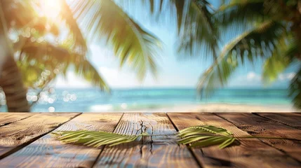 Tuinposter Empty wide table top wooden bar with blurred beautiful beach © Media Srock