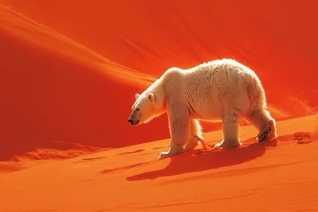 Foto op Canvas Lone polar bear on desert dune, mirage-like scene, heat haze, long shot © HADAPI