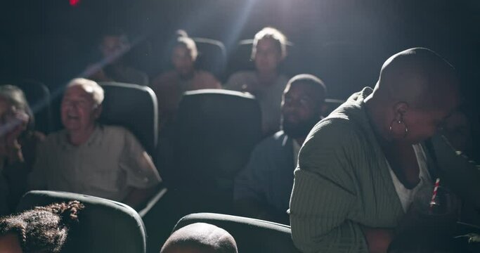 Woman, movie and cinema leaving in audience or auditorium row for theatre screening, performance or entertainment. People, seats and watching film festival for concert show, nightlife or premiere