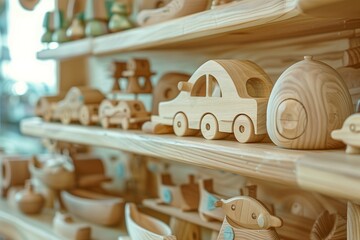 Wooden toys are lined up on a shelf