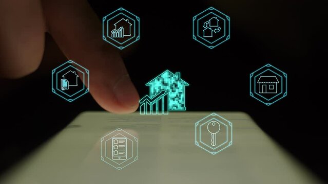 Against the background of the smartphone being used, in the dark, there are six hexagons with symbols characterizing the real estate market and its growth. Cg footage