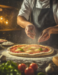 Chef pizzaïolo créant une pizza dans une cuisine  - obrazy, fototapety, plakaty