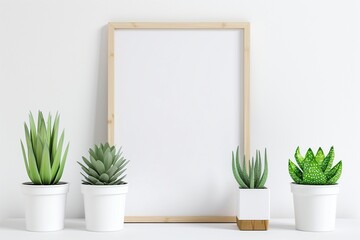 Three potted plants are next to a white frame - obrazy, fototapety, plakaty
