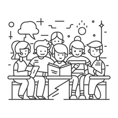 Outline illustration for positive learning situations in the classroom at school