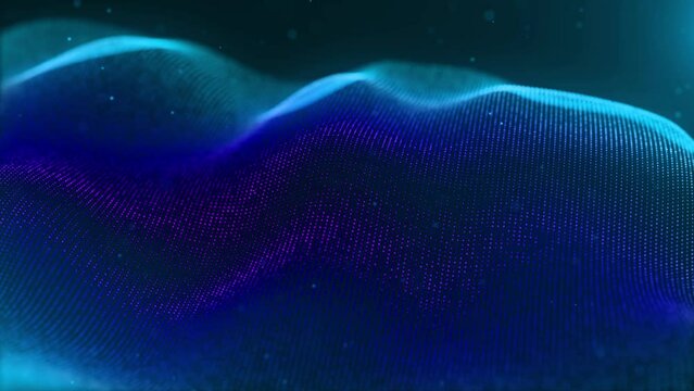 Abstract Waving Particle in style of neon blue, dark blue and purple dots on dark background. Technology, hi-tech and big data concept.