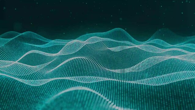 Abstract Waving Particle in style of neon blue and white dots on dark background. Technology, hi-tech and big data concept.