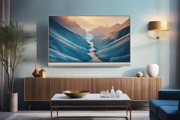 Modern living room with stylish decor and scenic wall art