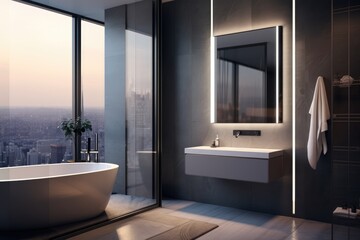 Luxurious bathroom interior with smart mirror and city view