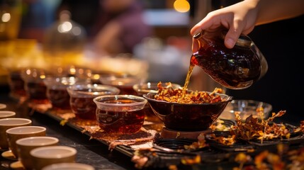 Person Pouring Syrup Into Bowl of Food
