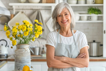 portrait of smiling senior woman standing with crossed arms in kitchen at home