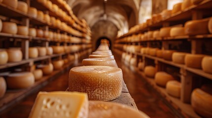Old-world vault lined with meticulously aligned cheese wheels as they reach perfection