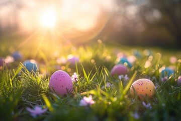 Sunrise Easter egg hunt in spring meadow. Colorful Easter eggs on dewy morning grass. Easter celebration with hidden eggs in sunrise nature. - obrazy, fototapety, plakaty