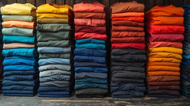 Stacks of neatly folded t-shirts in various colors displayed on a wooden shelf. Organized display of diverse t-shirt colors. Neatly arranged t-shirts in a rainbow of colors.
