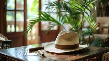 Panama hat elegantly paired with a cigar resting on a leafy wooden table