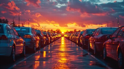 Sunset hues over parked cars in lot showing end of day traffic. Vibrant sunset over parking lot filled with cars in urban area. Evening light reflecting on cars parked in a busy lot at dusk. - obrazy, fototapety, plakaty