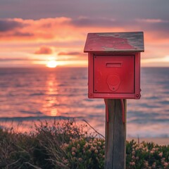 Serene Sunset View with Red Mailbox on Coastal Landscape