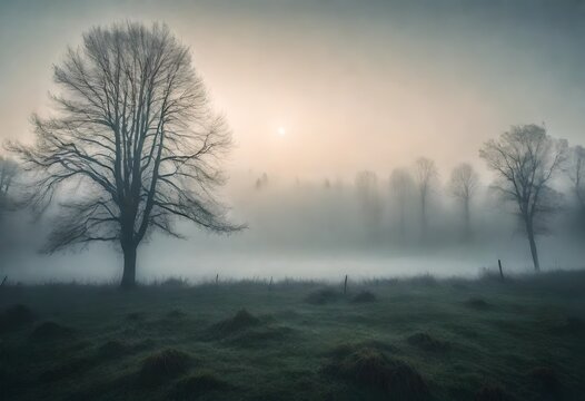 landscape blanketed in thick fog, where distant trees and rolling hills fade into soft, ethereal silhouettes