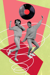 Vertical creative collage picture two happy dancing women have fun festive event party record plate music meloman listeners