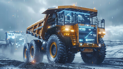 Rugged mining trucks navigating dusty trails under the veil of cloudy skies