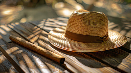 Panama hat elegantly paired with a cigar resting on a leafy wooden table - obrazy, fototapety, plakaty