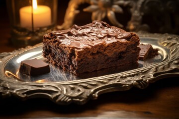 Tempting brownie on a plastic tray against an antique mirror background