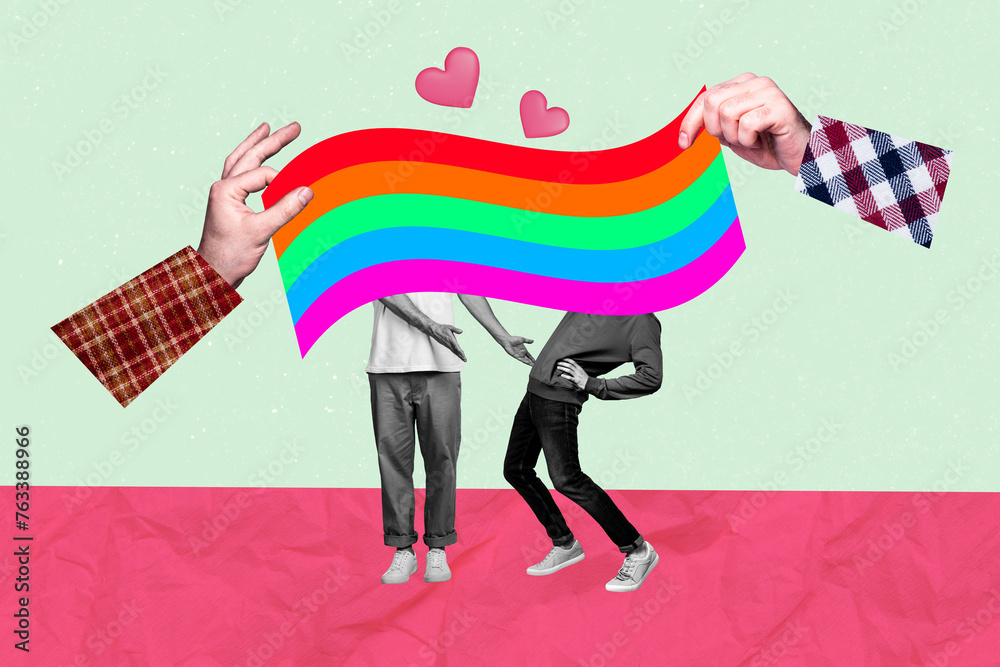 Sticker Composite trend artwork sketch image 3D photo collage of young man couple homosexual gay lgbt propaganda flag two huge hands hold in air