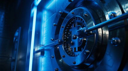 Modern vault storing cryptocurrency, high security features, tight shot, blue tone lighting