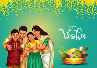 Happy Vishu greetings. April 14 Kerala festival with Vishu Kani, vishu flower Fruits and vegetables in a bronze vessel with kerala family. abstract vector illustration design
