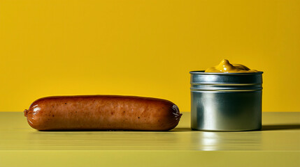 Sausage and mustard on yellow background