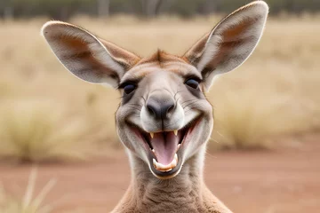 Poster cartoon of a very large toothy smiling kangaroo with a wide smile. Kangaroo looks at the camera with a white smile. Playground AI platform © Марина Юркова