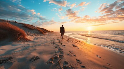 Serene Sunset Beach Walk - Solitary Man Enjoying Seaside Tranquility - obrazy, fototapety, plakaty
