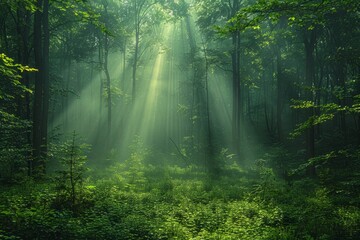 Shafts of light pierce the canopy of a dense forest, illuminating the undergrowth in a verdant glade. - obrazy, fototapety, plakaty