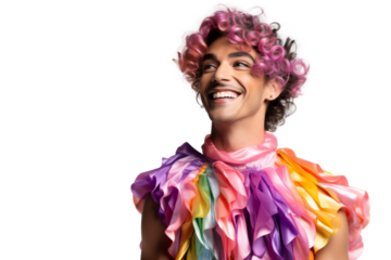 Portrait shot of Young joyful Gay man with colorful lgbt dress isolated on transparent background, Gay transgender smile and posing with trendy lifestyle.