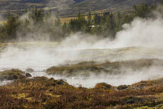Steaming, boiling pools in Iceland; Geysir, Golden  Circle, Iceland