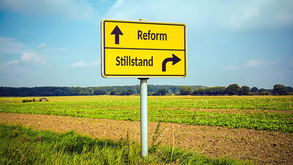 Signposts the direct way to reform versus stagnation - obrazy, fototapety, plakaty